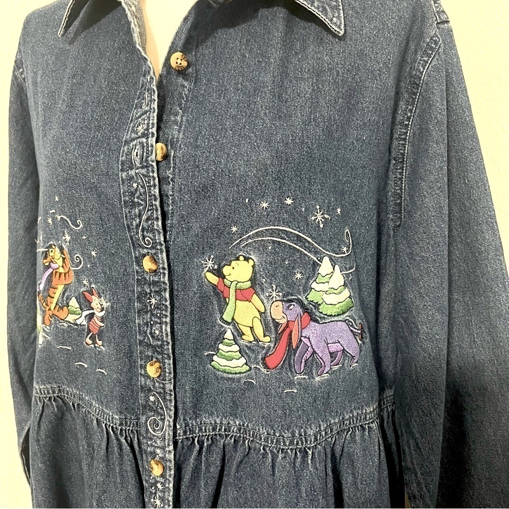 Vintage Disney XL Denim Long Sleeve Jean Dress Embroidery Winnie Pooh Tigger EUC - Picture 3 of 14